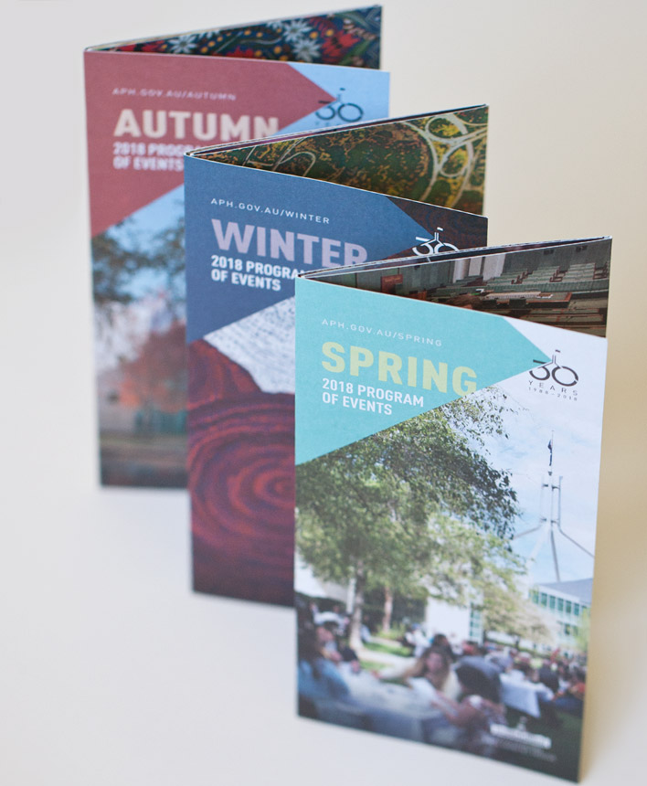 Covers of seasonal program brochures that use the 30 years brand identity.