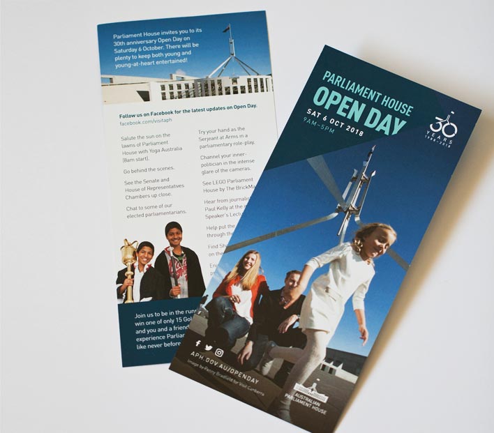 The front and reverse of an Open Day promotional flyer.