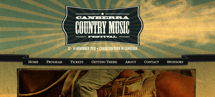 The masthead and main menu of the Canberra Country Music Festival website, using woodcut inspired typography.