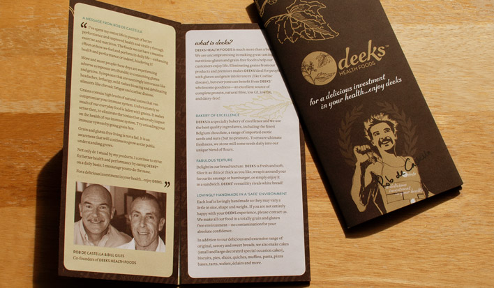 The cover and inside front panels of the promotional brochure. The cover uses the same branding elements as the display stand - an illustration of Rob de Castella and the Deeks logo. Illustrations of the quinoa plant feature throughout the brochure.