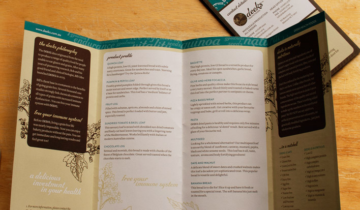 The inside four panels of the brochure, promoting the products available from Deeks Health Foods.