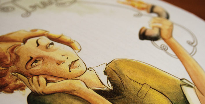 A close up of the original watercolour illustration featuring a bemused young woman holding a phone which has caught fire.