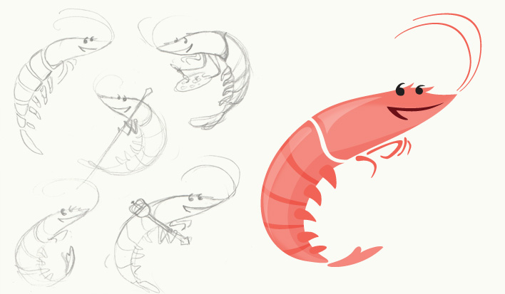 Sketches and a final vector illustration of Shawn the Prawn from the children's trail booklet.